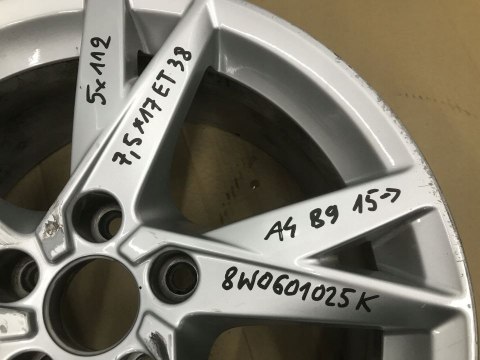 Felga Audi A4 B9 A5 8W F5 15-24r. 7,5jx17 ET38 5x112 pojedyncza sztuka ALUMINIOWA 17 cali 8W0601025K Felga Audi A4 B9 A5 8W F5 15-24r. 7,5jx17 ET38 5x112 pojedyncza sztuka ALUMINIOWA 17 cali 8W0601025K