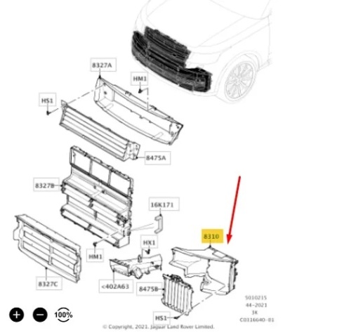 Kanał powietrza Range Rover L460 22r.- lewy chłodzenia hamulców z silniczkiem klapki lr173211